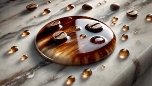 DALL·E 2024-11-13 22.36.56 - A polished marble surface with droplets of coffee on it, demonstrating its resistance to coffee stains. The coffee droplets should have a rich, brown