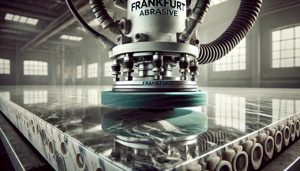 A detailed scene of a marble polishing machine head equipped with Frankfurt abrasive pads, actively polishing a marble slab. The machine head is in mo.webp