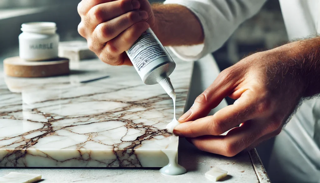 - A detailed image showing the process of marble grouting. A craftsman applies a high-quality, transparent resin-based grout to fill the small cracks an.webp