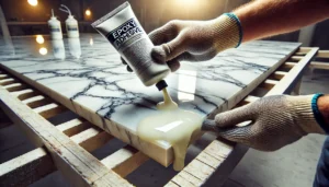 - A detailed image showing the process of marble grouting. A craftsman applies a high-quality, transparent resin-based grout to fill the small cracks an.webp